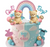 Gender reveal cake decoration set with teddy bears, pastel balloons, rainbow topper, clouds and boy or girl cake decorations