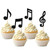 Music Notes Cupcake Picks x12, set of twelve cupcake toppers with black musical note shapes on white sticks inserted into cupcakes with white frosting.