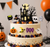 Halloween Cake Topper Set 9 Piece with haunted house, ghost, pumpkin, witch hat, skull, cauldron, gravestone and BOO picks