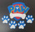 Handmade gumpaste Paw Patrol cake decoration set featuring Paw Patrol logo, paw prints, character face, bones and personalised birthday cake decorations.