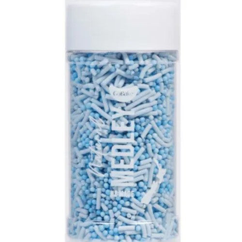 Go Bake Natural Sprinkle Medley Blue 85gm shaker bottle filled with blue and white sprinkle mix including jimmies and sugar pearls.