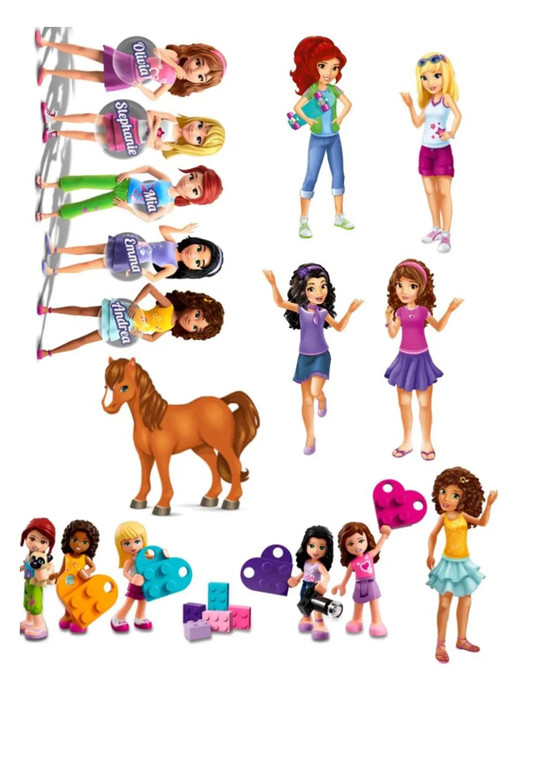 Lego Friends stand-up wafer paper edible image decorations featuring colourful characters for birthday cakes and cupcakes.