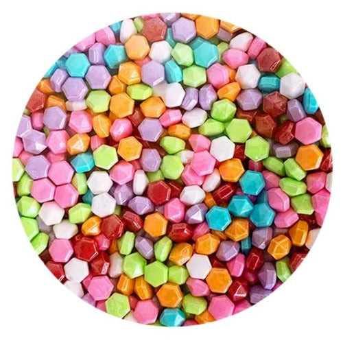 Rainbow Diamond Edible Sprinkles featuring colourful jewel-shaped sugar decorations for cakes, cupcakes and desserts.