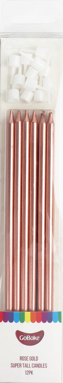 Rose gold tall cake candles 12 pack with holders