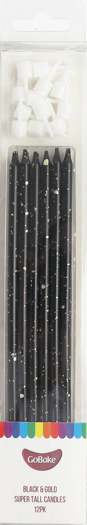 Black glitter tall cake candles 12 pack with gold flecks
