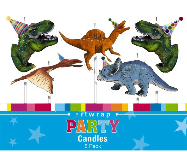 Dinosaur party candles 5 pack with T-Rex Triceratops and flying dinosaur