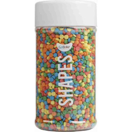 Go Bake Rainbow Confetti Shapes Sprinkles in shaker container featuring colourful flat sugar decorations for cakes, cupcakes and cookies.