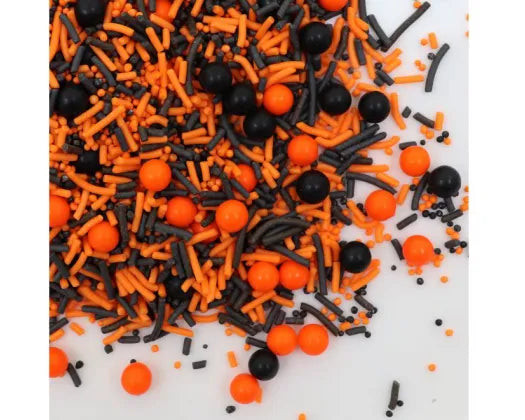 Halloween Sprinkle Medley 30gm with orange and black sprinkles and decorative sugar pearls