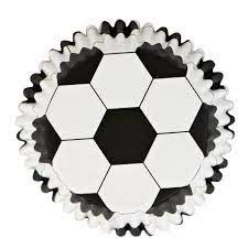 PME Football Cupcake Cases pack of 30 featuring black and white soccer ball design for football-themed cupcakes and parties.