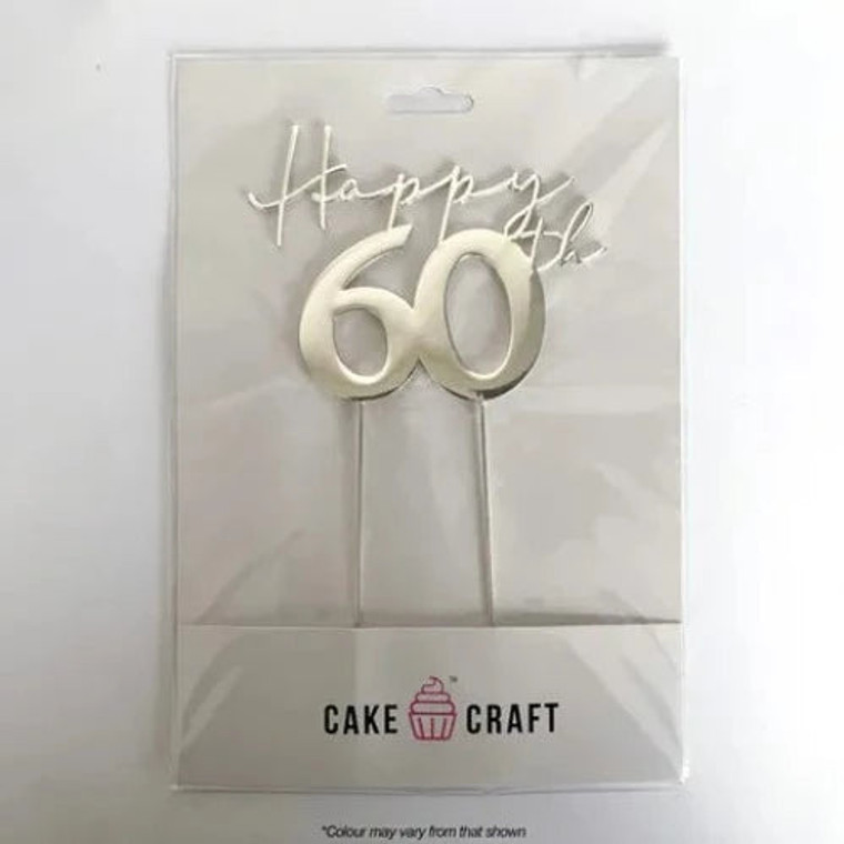 Happy 60th Silver Cake Topper. Metal Plated