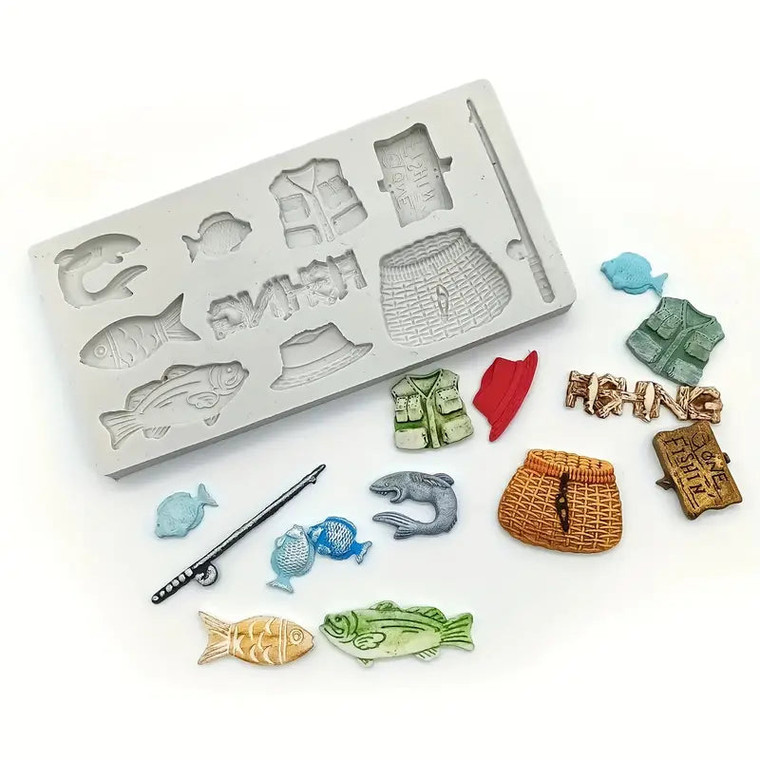 Fishing theme silicone mould featuring fish, fishing rod, tackle box, vest, hat and fishing accessories for fondant and gumpaste decorations.