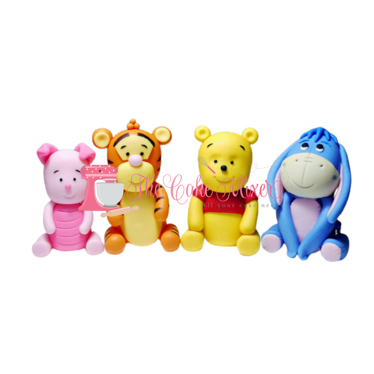 Handmade gumpaste Pooh, Piglet, Tigger and Eeyore cake decorations available individually or as a set of four.