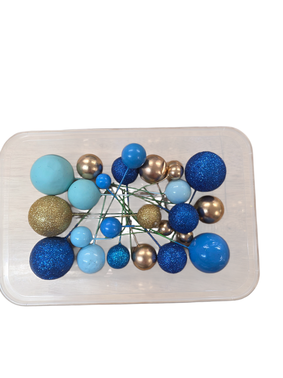 Blue and gold ball cake decorations 25 piece wired set