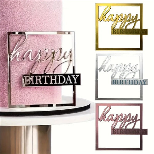 Happy Birthday acrylic frame cake topper in modern square design