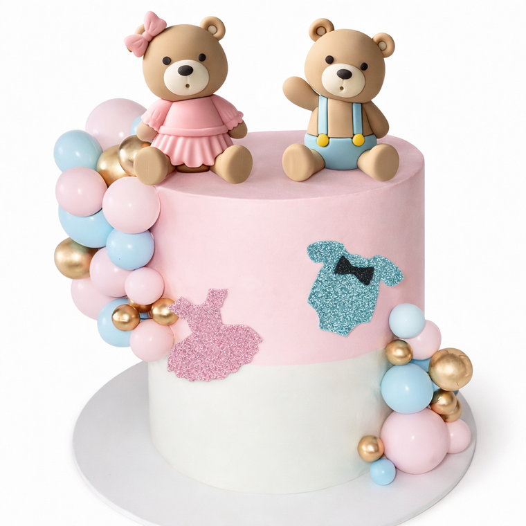 Gender reveal cake decoration set with teddy bears, pastel balloons, rainbow topper, clouds and boy or girl cake decorations