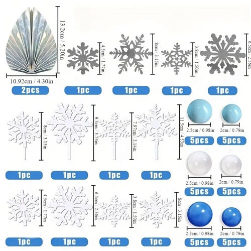 Winter snowflake cake decorating set with white and silver food safe cake toppers