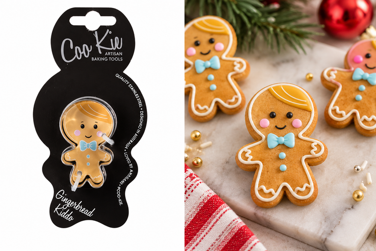 Coo Kie Mini Gingerbread Man Cookie Cutter made from stainless steel, featuring a traditional gingerbread boy design on black Coo Kie Artisan Baking Tools packaging.
