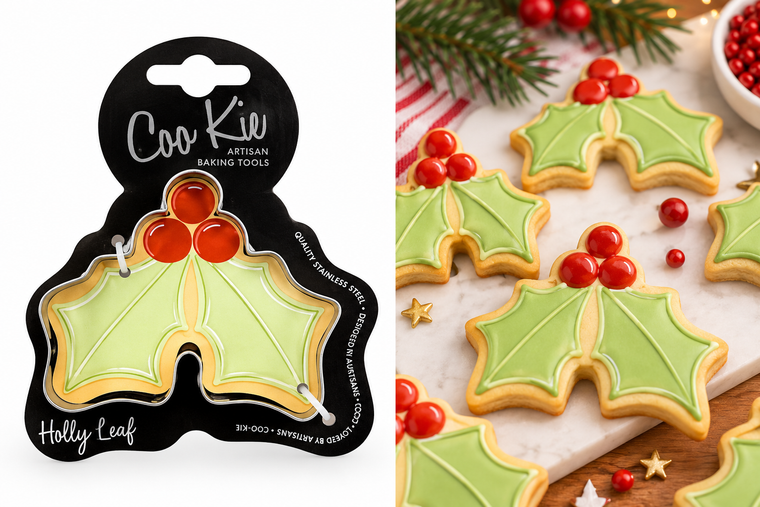 Coo Kie standard-size stainless steel holly leaf cookie cutter with three berry design, ideal for Christmas biscuits and fondant decorations.