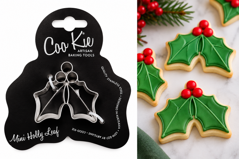 Coo Kie Mini Holly Leaf Cookie Cutter stainless steel Christmas cutter, 50mm longest point and 15mm deep, displayed on Coo Kie Artisan Baking Tools packaging.