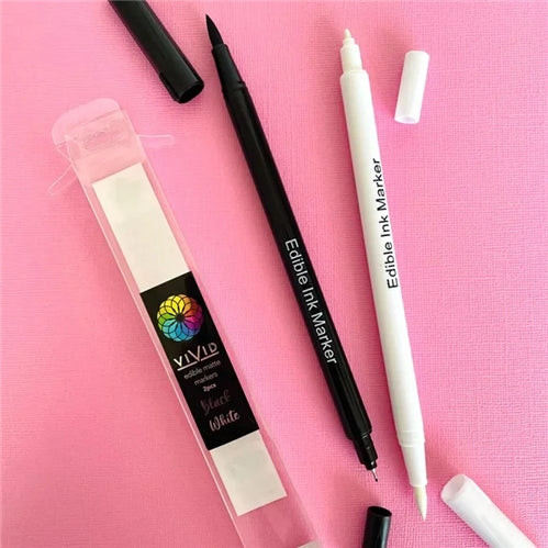 Black and white edible ink markers for writing, outlining and adding fine details to fondant and cake decorations.