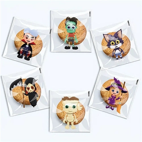Halloween Treat Bags Self Sealing 8 Pack with assorted vampire, zombie, cat, mummy, witch and grim reaper designs