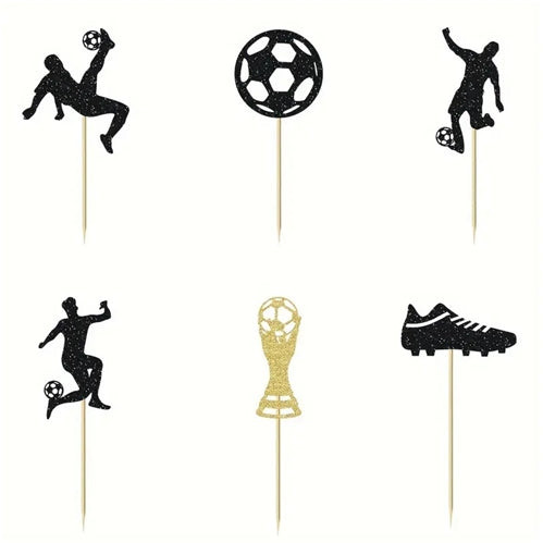 Pack of 12 soccer cupcake toppers featuring football players, footballs, boots and trophy designs for sports-themed celebrations.