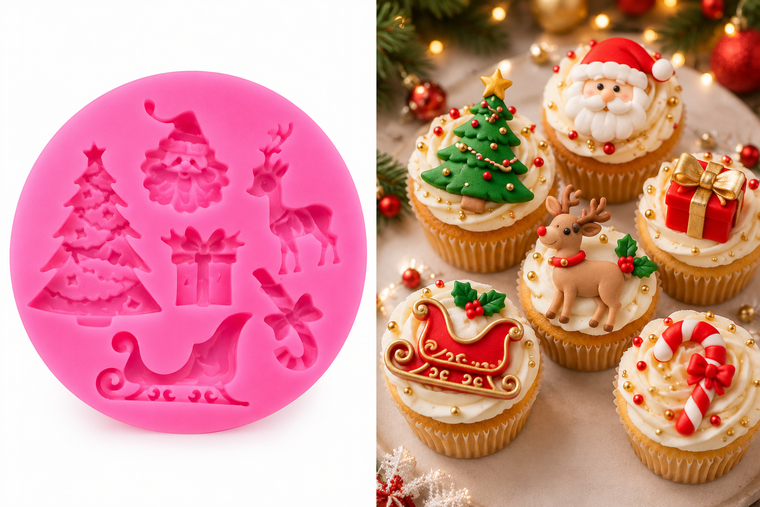 Pink round Christmas Silicone Mould 7.5cm featuring six festive cavities including Christmas tree, Santa, reindeer, gift, sleigh and stocking.