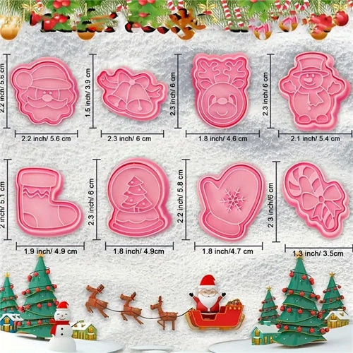 Christmas Cookie Embosser Cutter Set 8 Piece featuring pink plastic cutters with Santa, bells, reindeer, snowman, stocking, snow globe, mitten and candy cane designs.