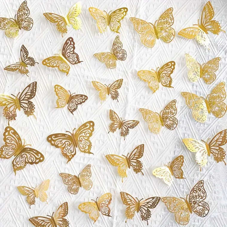 Card Butterfly Cake Decorations x12 - Metallic Gold