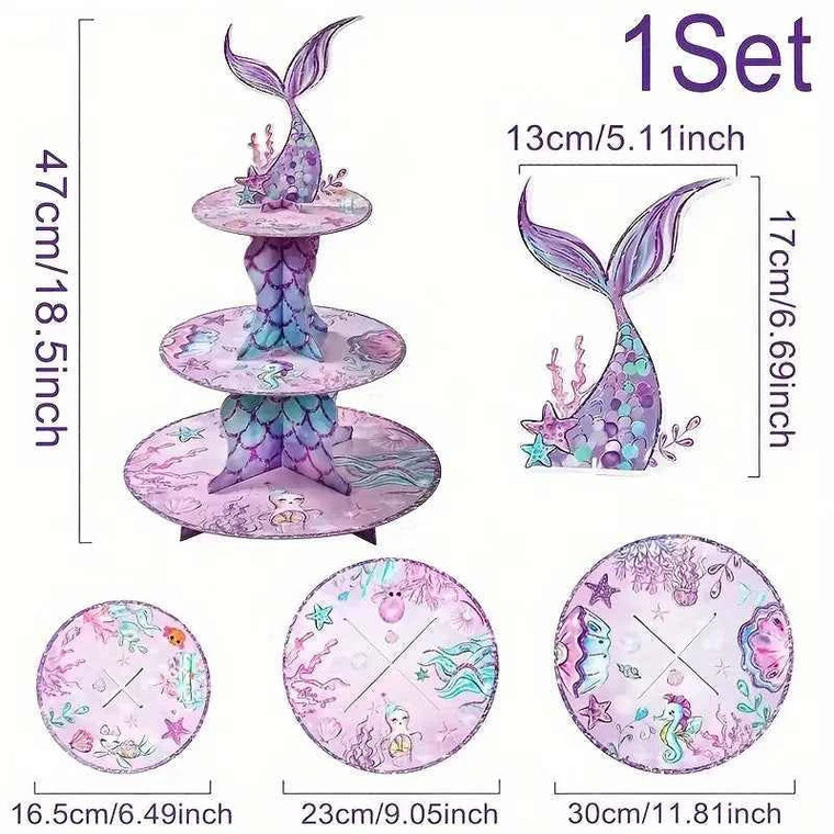 Pastel mermaid themed tiered cupcake stand with mermaid tail topper