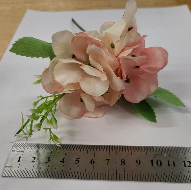Hydrangea Bouquet Artificial Flowers, pink and cream colored hydrangea with green leaves and small white accent flowers.