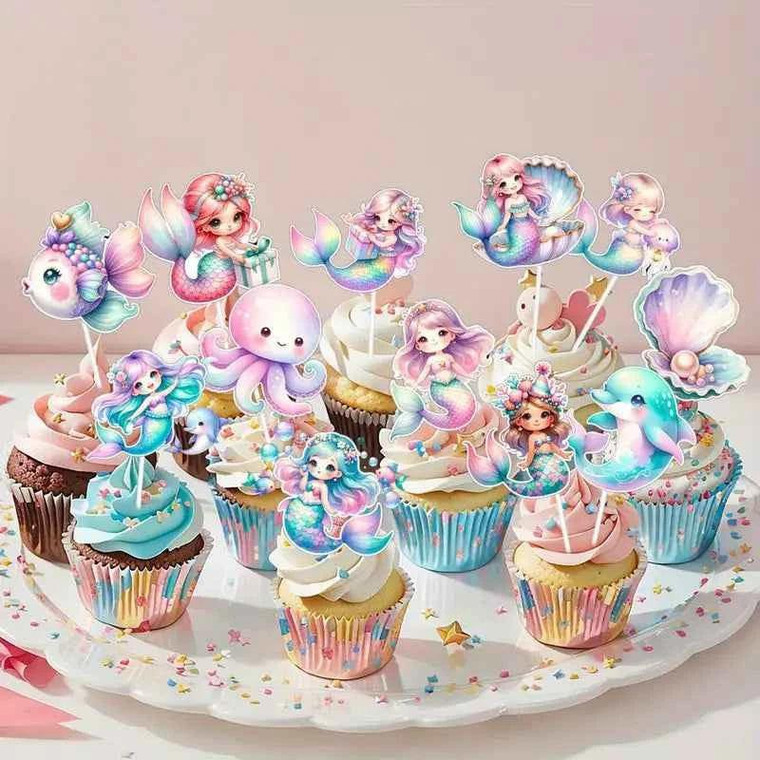 Pastel mermaid cupcake topper set with ocean themed decorations