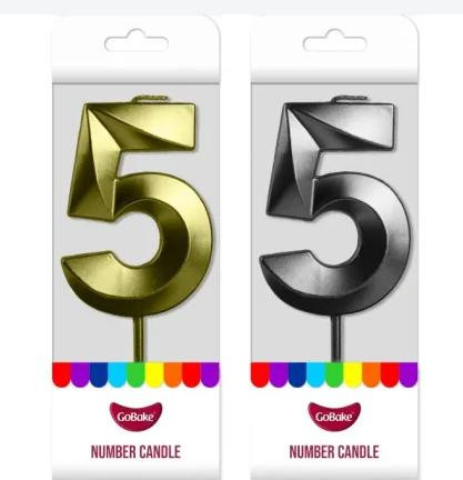 Number 5 Candle - Large Metallic Silver or Gold, large decorative number 5 candles in metallic gold and silver colors