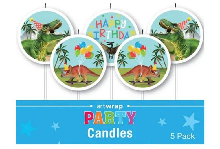 Artwrap Dinosaur Pick Candles - Pack of 5, colorful dinosaur-themed birthday candles with balloon and party hat designs.