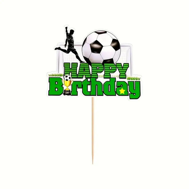 TM Cake Supplies Soccer/Football Cake Topper, colorful birthday cake decoration with soccer ball, football player silhouette, and "Happy Birthday" text.