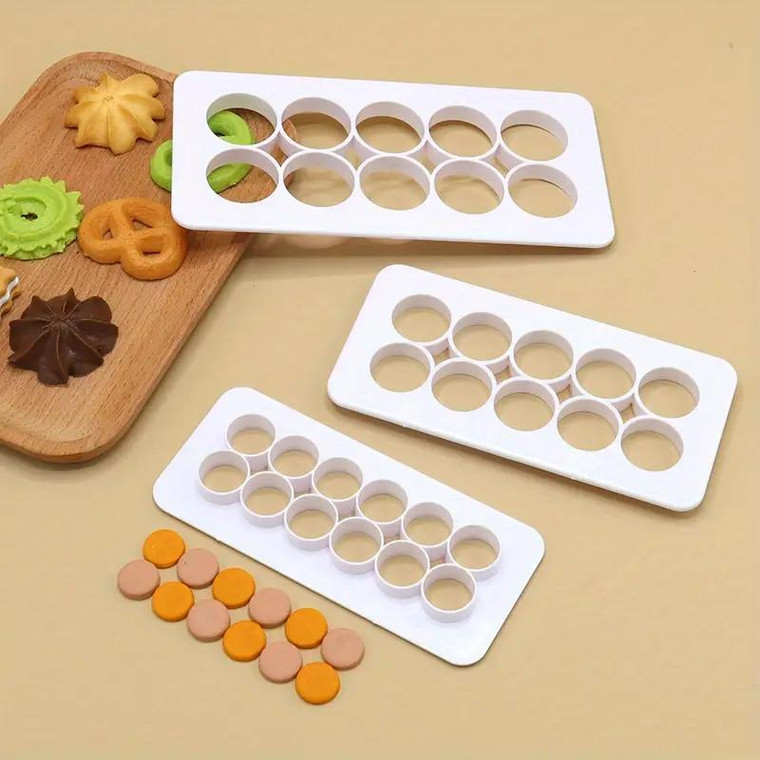 TM Cake Supplies Round Multi Cutter Set – Fondant & Gumpaste Tool, white plastic round cutters for baking and cake decorating on a beige surface.