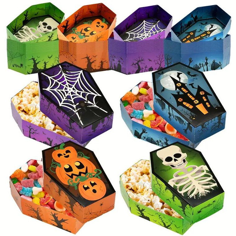 Halloween Coffin Treat Boxes 8 Pack in assorted orange purple green and blue spooky designs