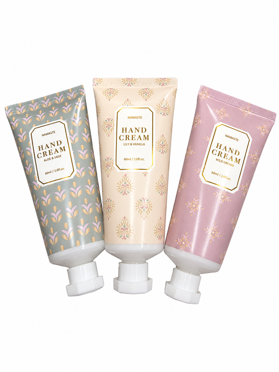 Namaste hand cream 60ml tubes in aloe and sage, lily and vanilla, and wild orchid scents