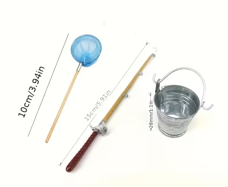 Mini fishing net and bucket cake decoration set with rod props for beach themed cakes
