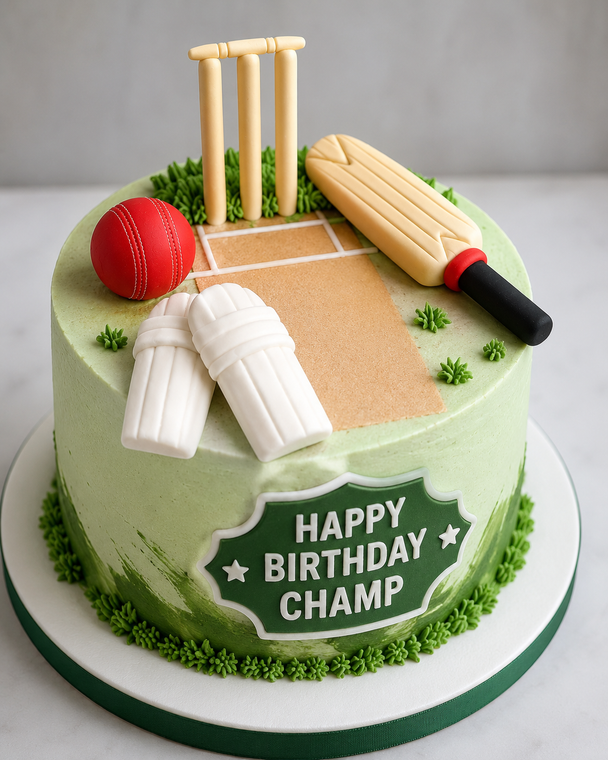 Handmade gumpaste cricket cake decorations featuring cricket bat, red cricket ball, wickets and batting pads for cricket-themed cakes.
