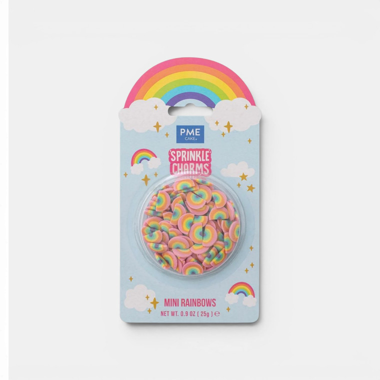 PME Mini Rainbow Sprinkle Charms 25g featuring colourful rainbow-shaped edible decorations for cakes, cupcakes and cookies.