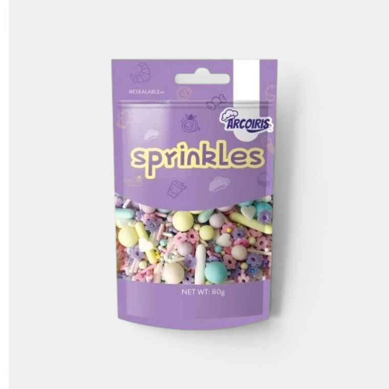 Pastel Sprinkle Medley 80g featuring pastel rods, pearls, confetti and decorative sprinkles for cakes, cupcakes and desserts.