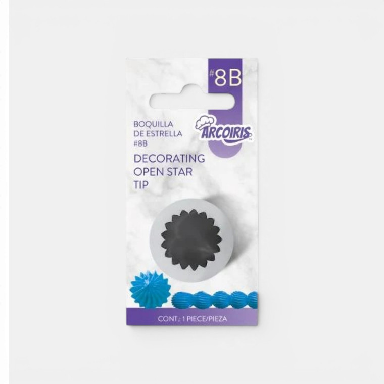 Arcoiris No.8B Open Star Piping Tip for bakery-style cupcake swirls, buttercream rosettes and decorative cake borders.