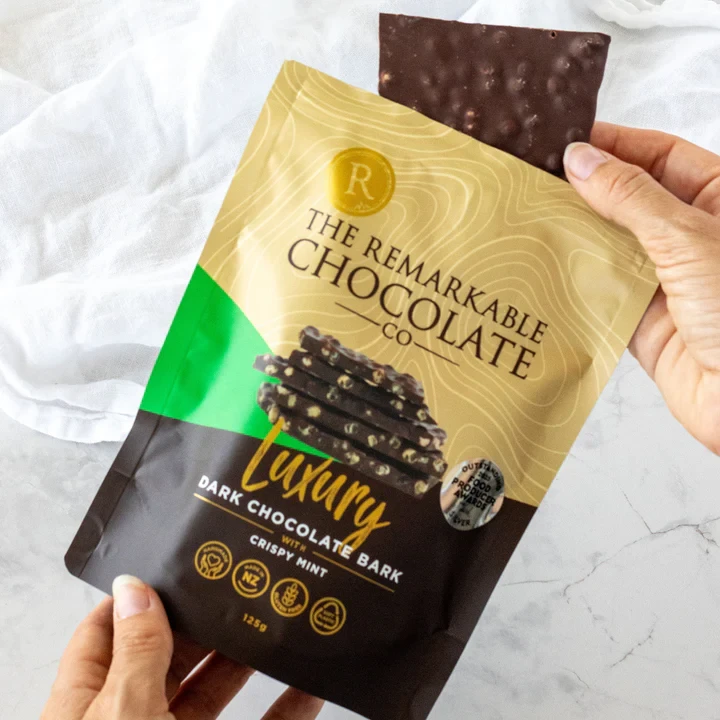 Remarkable Luxury Dark Chocolate Bark with Crispy Mint in resealable 125g pouch made in New Zealand