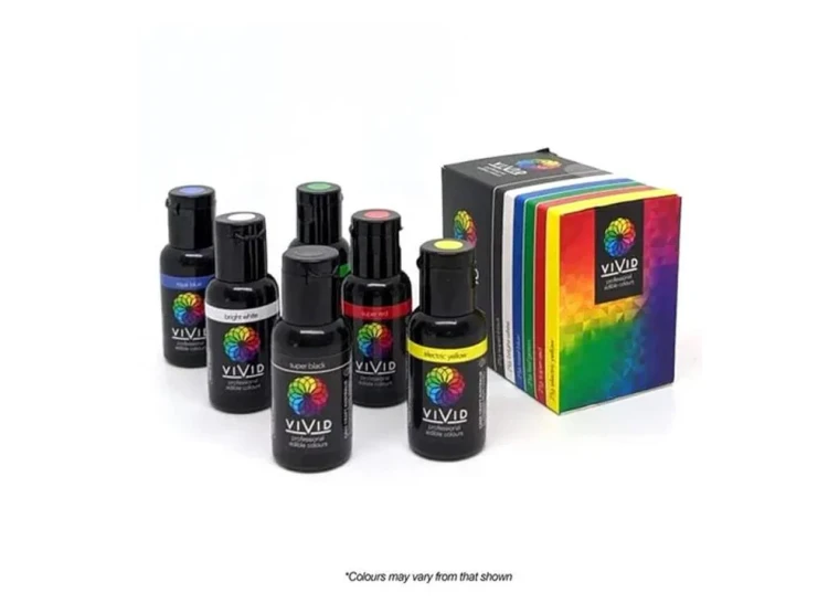 Vivid 6 Pack Primary Colours gel food colouring set featuring yellow, green, red, blue, black and white colours