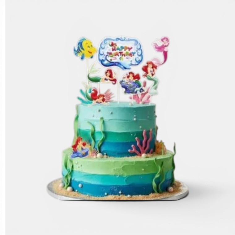 Mermaid cake topper set with underwater characters, fish topper and Happy Birthday sign for mermaid themed cakes