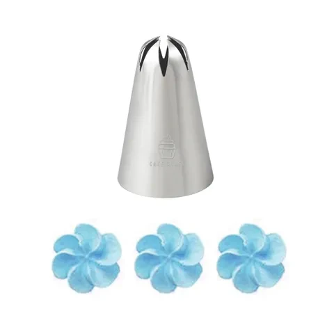 Stainless steel 2D closed star piping nozzle creating blue buttercream flower swirls