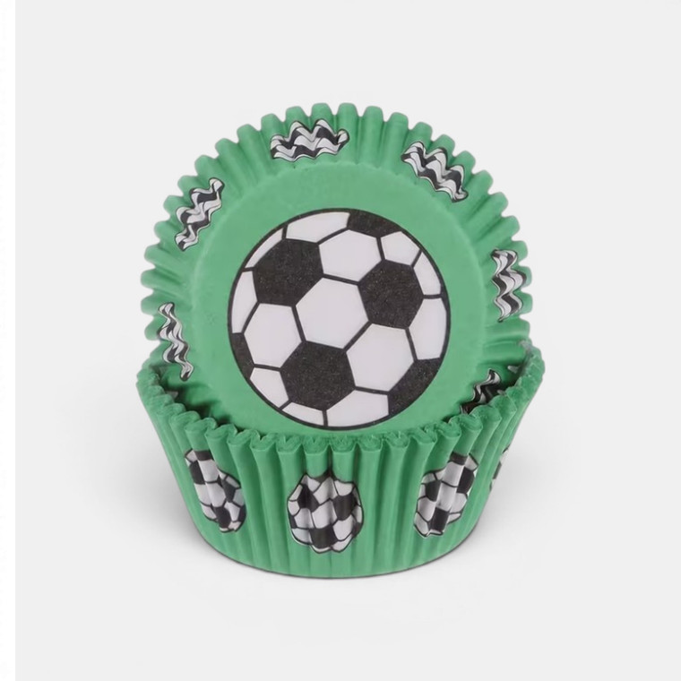 Green soccer cupcake cases featuring black and white football designs for sports-themed baking