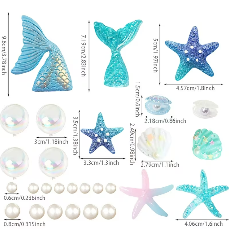 Mermaid cake decoration set with mermaid tails, seashells, starfish, pearls and ocean-themed cake decorations