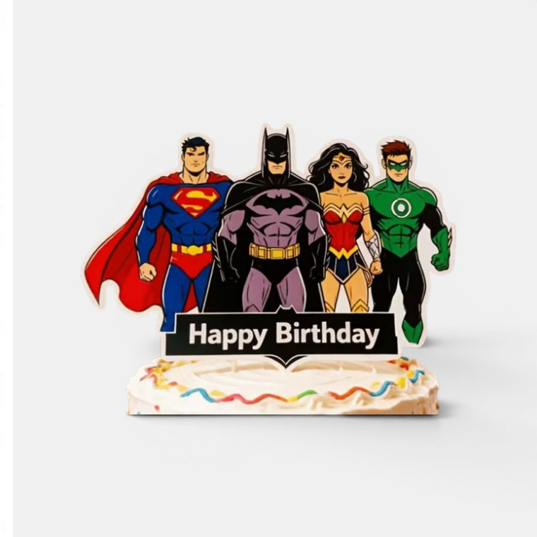 Justice League Happy Birthday cake topper featuring superhero characters and birthday message